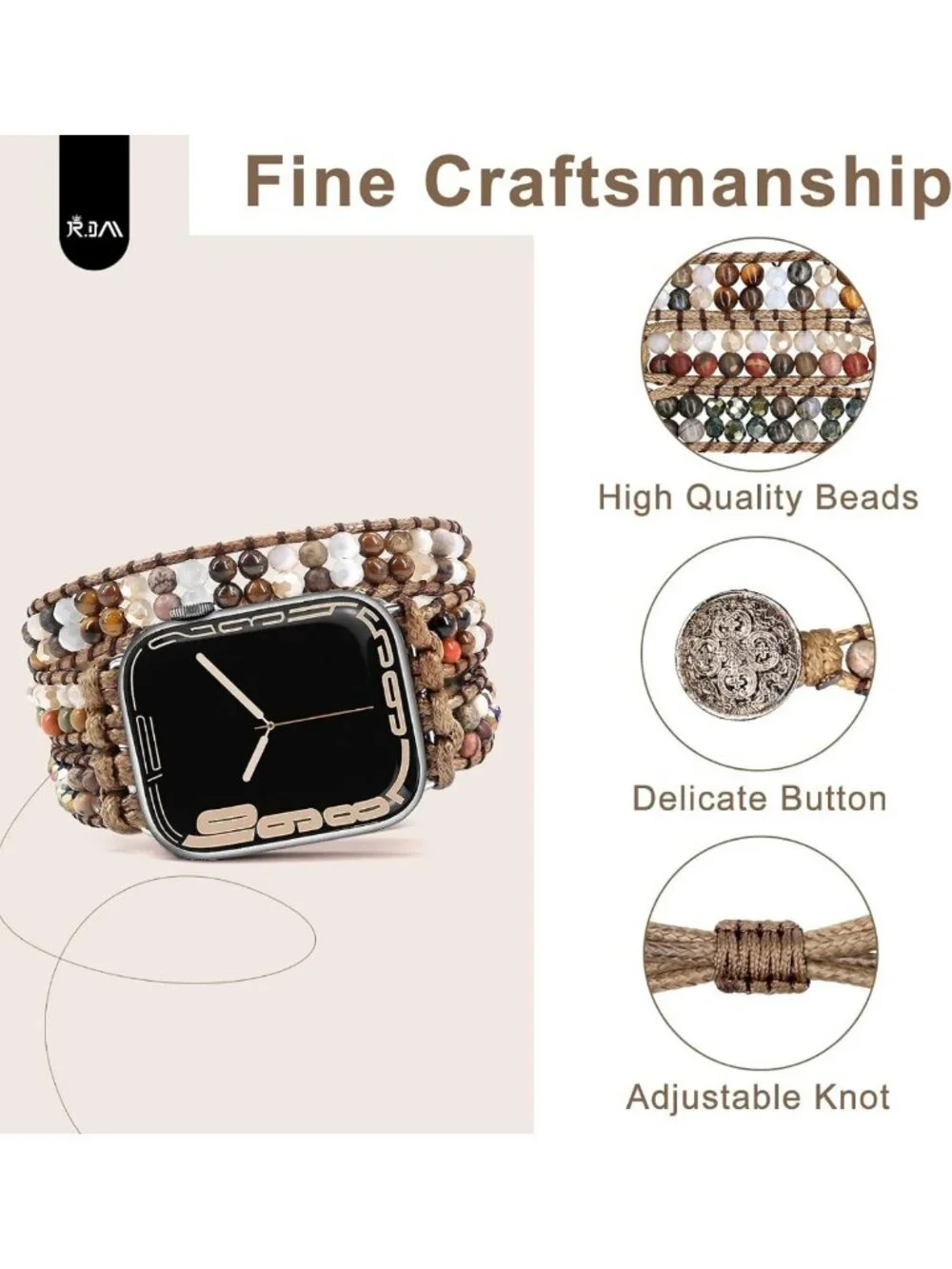 Handmade Boho Beaded Bracelet for Apple Watch 42mm-49mm, Adjustable Stone Strap
